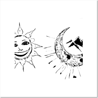 Crazy Smiling Sun and Moon Mountains Posters and Art